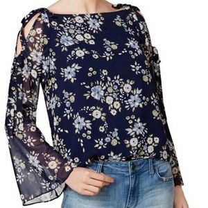 Maison Jules Blue Floral Bell Sleeve Blouse Top, New, XS